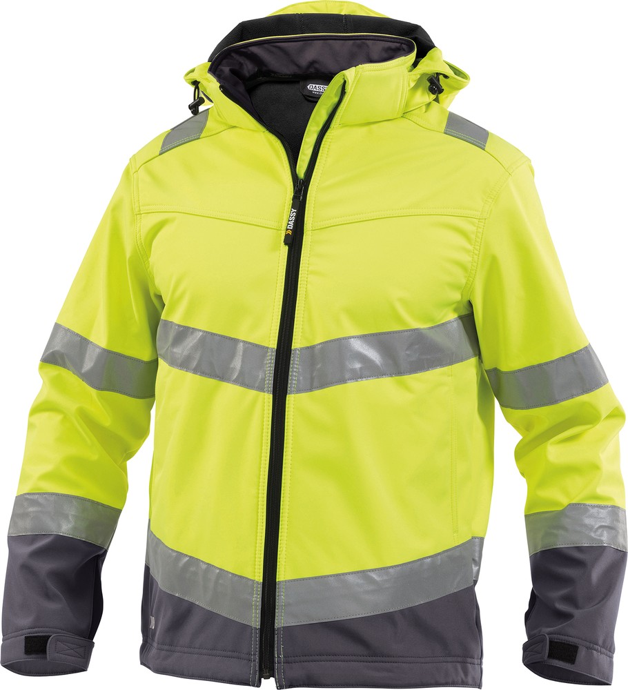 DassyWarnschutzSoftshell-JackeMalagaPES74NeongelbZementgrau